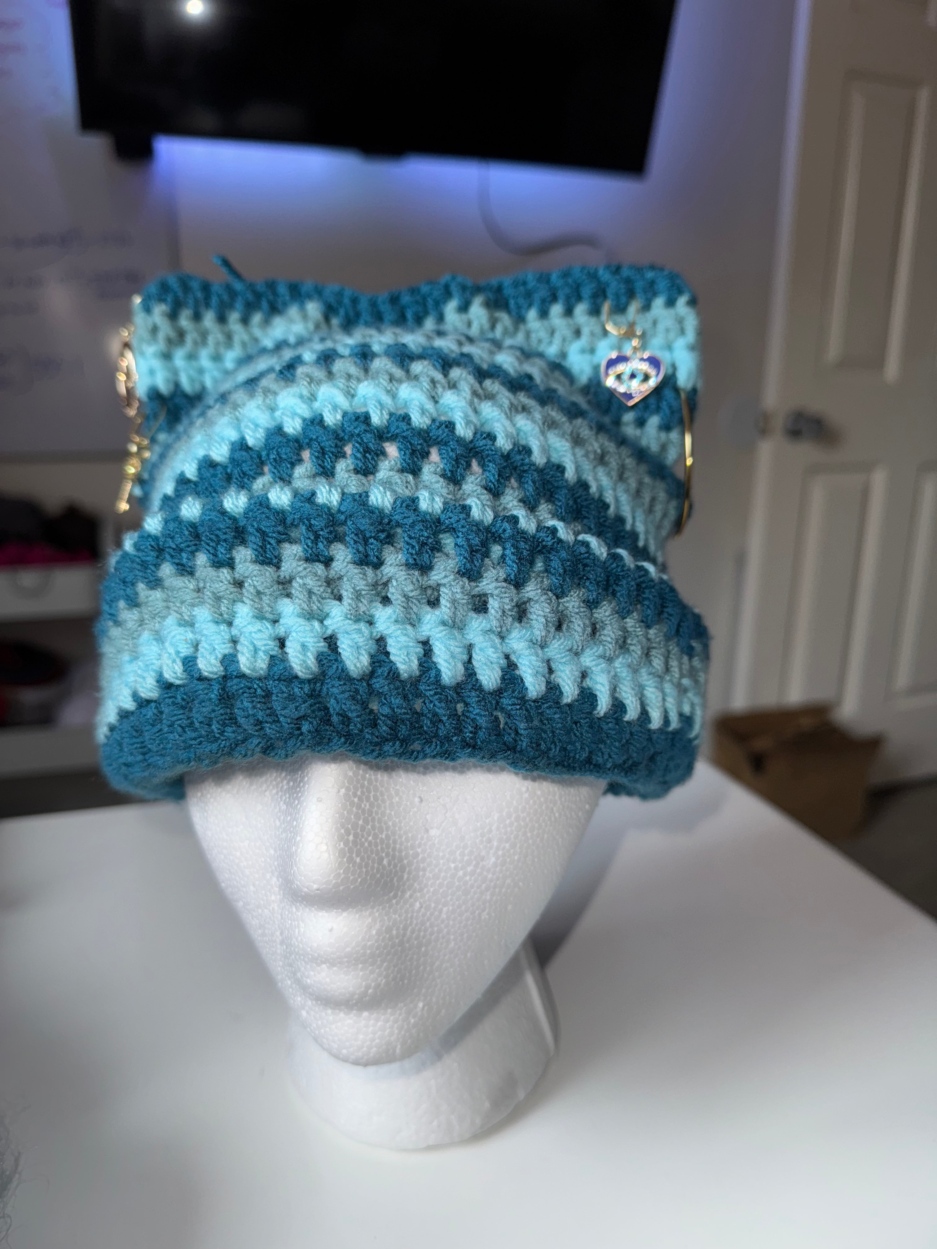 Multicolor cat ear beanie with earrings