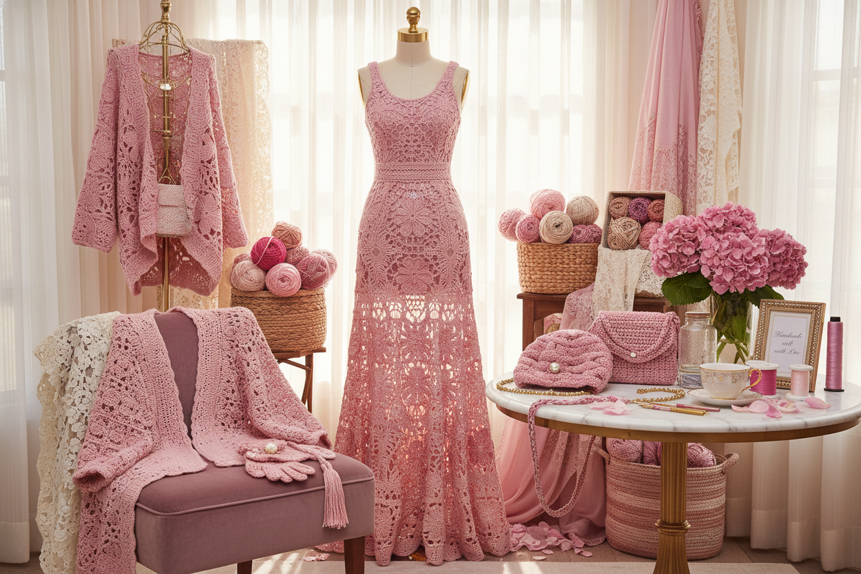 Pink luxury crochet fashion. Crafting material. fashion. and joy